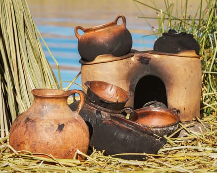 Traditional Mud Pans Used on Uros Islands at Lake Titicaca Peru Bolivia.