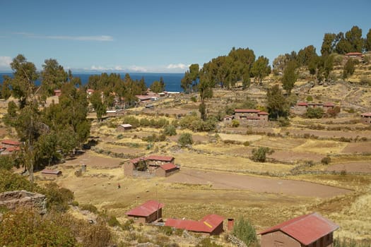 Houses of Local Peruvian Peope Living on Taquile Island (Isla Taquile) at Lake Titicaca  in Puno Peru.
