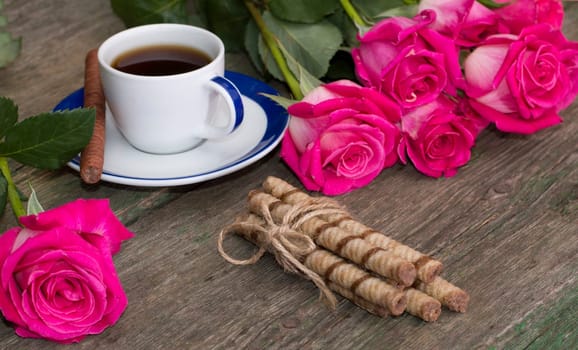 card still life, coffee, roses and cookies, subject festive card, flowers and drinks