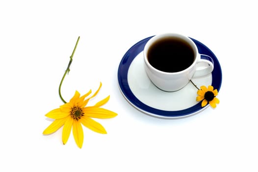 the cup of coffee decorated with two yellow flowers a still life, isolate, a subject drinks and flowers