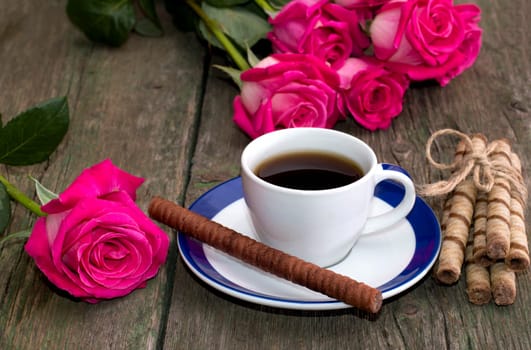 beautiful still life, coffee, roses and linking of cookies, subject holidays, food and drinks