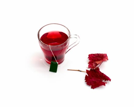 transparent mug with red tea and a row a red leaf, isolate, a still life on a subject drinks and fall