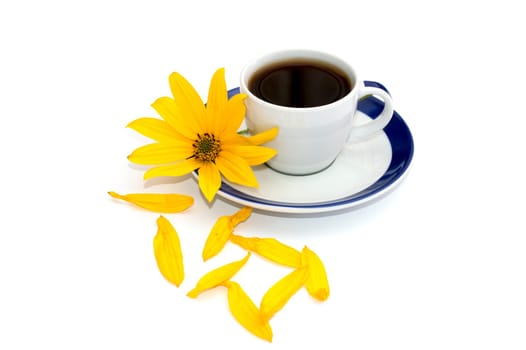 still life cup of coffee, yellow flower and nearby petals, isolate, subject flowers and drinks