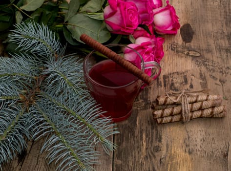fir-tree branch, tea, linking of cookies and bouquet of roses, subject holidays, food and drinks, Christmas and New Year