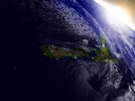New Zealand region from Earth's orbit in space during sunrise. 3D illustration with highly detailed realistic planet surface. Elements of this image furnished by NASA.