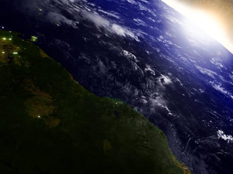 Guynea and Suriname region from Earth's orbit in space during sunrise. 3D illustration with highly detailed realistic planet surface. Elements of this image furnished by NASA.