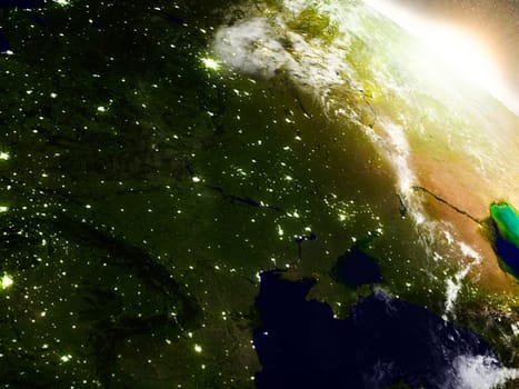Ukraine region from Earth's orbit in space during sunrise. 3D illustration with highly detailed realistic planet surface. Elements of this image furnished by NASA.
