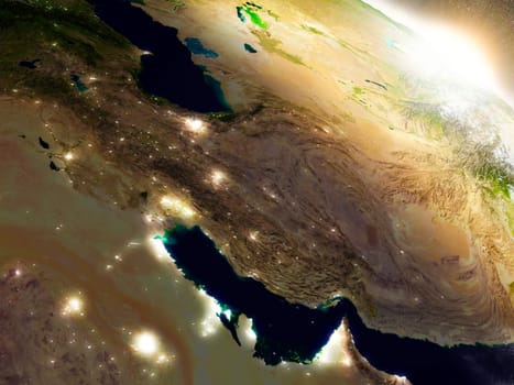 Iran region from Earth's orbit in space during sunrise. 3D illustration with highly detailed realistic planet surface. Elements of this image furnished by NASA.