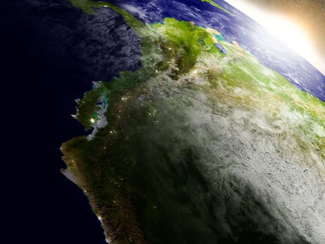 Ecuador region from Earth's orbit in space during sunrise. 3D illustration with highly detailed realistic planet surface. Elements of this image furnished by NASA.