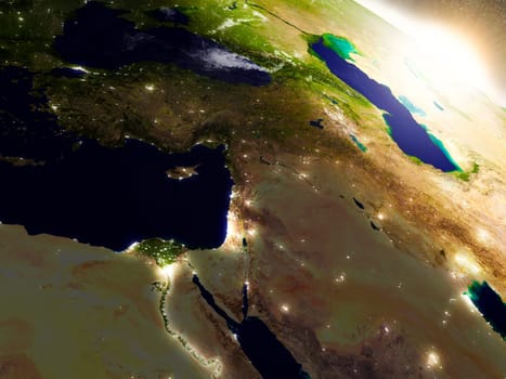 Middle East region from Earth's orbit in space during sunrise. 3D illustration with highly detailed realistic planet surface. Elements of this image furnished by NASA.