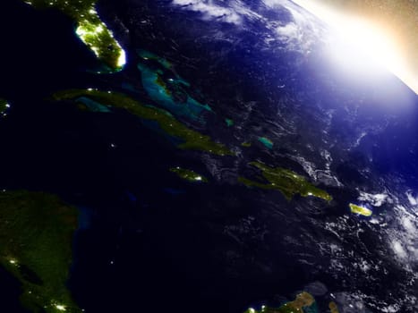 North Caribbean region from Earth's orbit in space during sunrise. 3D illustration with highly detailed realistic planet surface. Elements of this image furnished by NASA.