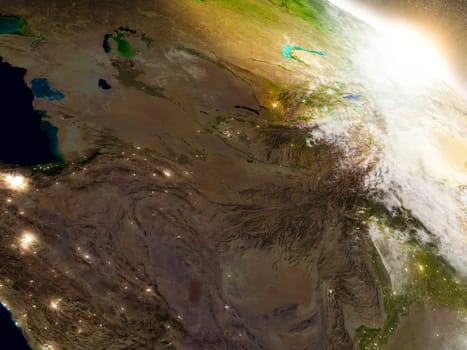 Central Asia region from Earth's orbit in space during sunrise. 3D illustration with highly detailed realistic planet surface. Elements of this image furnished by NASA.