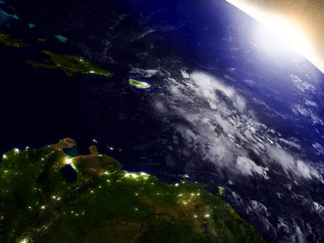 South Caribbean region from Earth's orbit in space during sunrise. 3D illustration with highly detailed realistic planet surface. Elements of this image furnished by NASA.