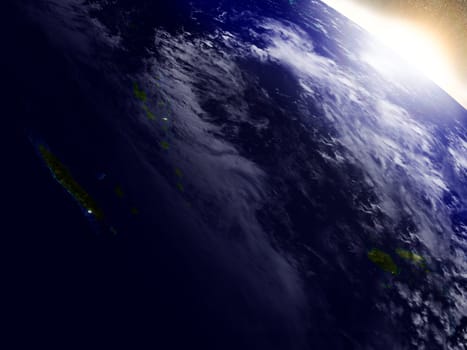 New Caledonia, Fiji and Vanuatu region from Earth's orbit in space during sunrise. 3D illustration with highly detailed realistic planet surface. Elements of this image furnished by NASA.