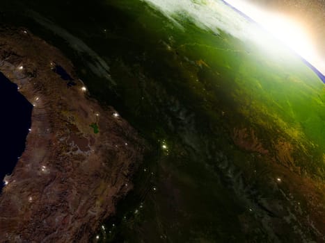 Bolivia region from Earth's orbit in space during sunrise. 3D illustration with highly detailed realistic planet surface. Elements of this image furnished by NASA.