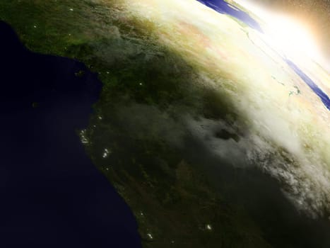 Cameroon, Gabon and Congo region from Earth's orbit in space during sunrise. 3D illustration with highly detailed realistic planet surface. Elements of this image furnished by NASA.