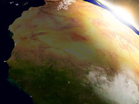 Mali and Senegal region from Earth's orbit in space during sunrise. 3D illustration with highly detailed realistic planet surface. Elements of this image furnished by NASA.