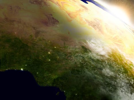 Niger and Nigeria region from Earth's orbit in space during sunrise. 3D illustration with highly detailed realistic planet surface. Elements of this image furnished by NASA.