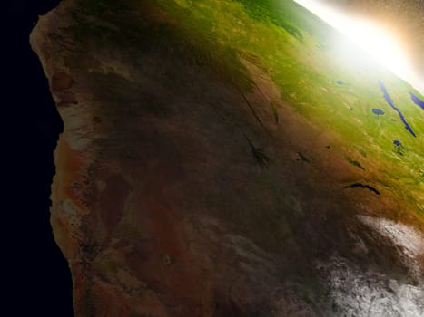 Namibia and Botswana region from Earth's orbit in space during sunrise. 3D illustration with highly detailed realistic planet surface. Elements of this image furnished by NASA.