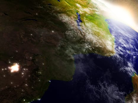 Mozambique and Zimbabwe region from Earth's orbit in space during sunrise. 3D illustration with highly detailed realistic planet surface. Elements of this image furnished by NASA.