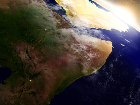 Somalia and Ethiopia region from Earth's orbit in space during sunrise. 3D illustration with highly detailed realistic planet surface. Elements of this image furnished by NASA.