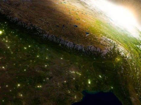 Nepal and Bhutan region from Earth's orbit in space during sunrise. 3D illustration with highly detailed realistic planet surface. Elements of this image furnished by NASA.
