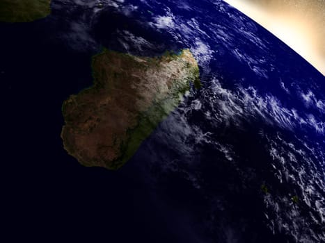 Madagascar region from Earth's orbit in space during sunrise. 3D illustration with highly detailed realistic planet surface. Elements of this image furnished by NASA.