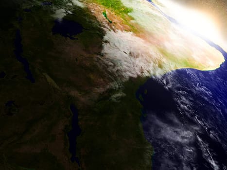 Tanzania region from Earth's orbit in space during sunrise. 3D illustration with highly detailed realistic planet surface. Elements of this image furnished by NASA.