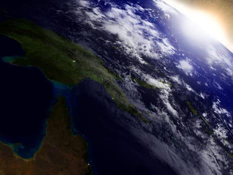 Papua New Guinea region from Earth's orbit in space during sunrise. 3D illustration with highly detailed realistic planet surface. Elements of this image furnished by NASA.