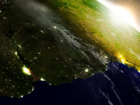 Uruguay region from Earth's orbit in space during sunrise. 3D illustration with highly detailed realistic planet surface. Elements of this image furnished by NASA.