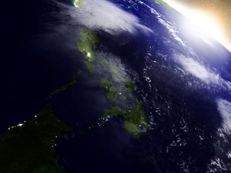 Philippines region from Earth's orbit in space during sunrise. 3D illustration with highly detailed realistic planet surface. Elements of this image furnished by NASA.