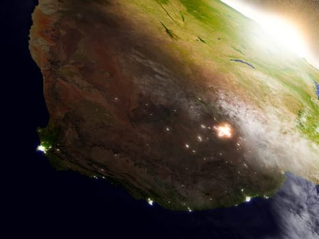 South Africa region from Earth's orbit in space during sunrise. 3D illustration with highly detailed realistic planet surface. Elements of this image furnished by NASA.