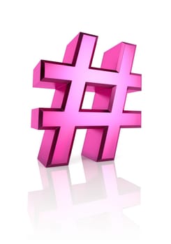 pink hash symbol isolated on white background. 3d rendering