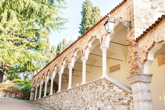 Colonnade of the  Lipomanno's arcade , (built in 1486). On the road leading to the castle of Udine. Italy