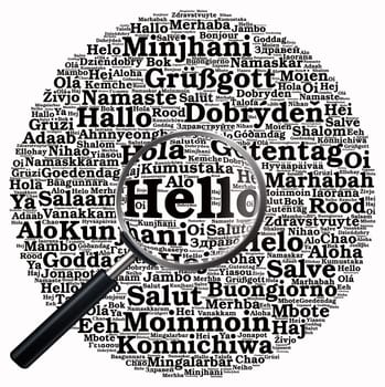 Hello word cloud concept in different languages of the world and magnifying glass effect