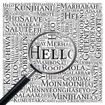 Hello word cloud concept in different languages of the world and magnifying glass effect