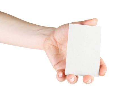 Blank business card in hand. For design presentations and portfolios. Isolated on white. Clipping path.