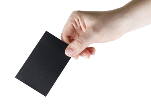 Black black business card in hand. Isolated on white. Clipping path. Mock-up for branding identity for design presentations and portfolios.