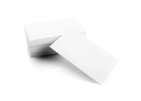 Stack of blank business cards isolated on white background with soft shadows. Clipping path. For design presentations and portfolios.