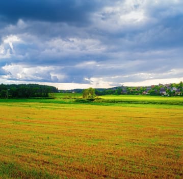 Grass field and dramatic sky with rain clouds. Rural landscape.