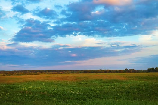 Evening rural landscape. Picturesque sky with clouds and the moon. Meadow with green grass.