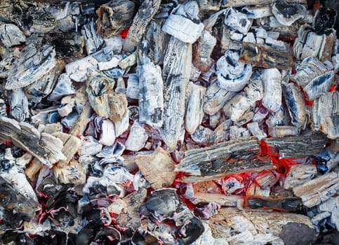 Embers texture closeup. Coals in the brazier. Embers and cinder after fire.
