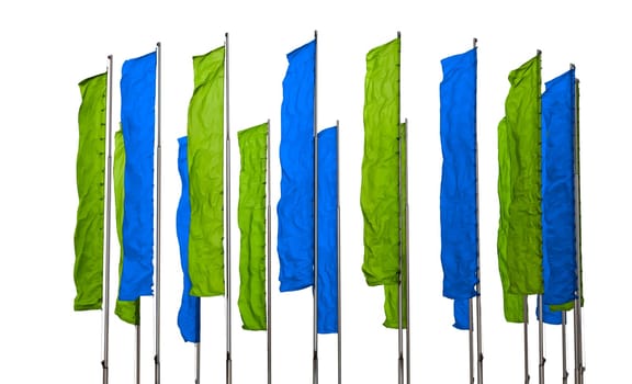 Several flagpoles with vertical green and blue flags