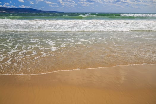Surf on a sandy beach. Wet sand. Focus on foreground.