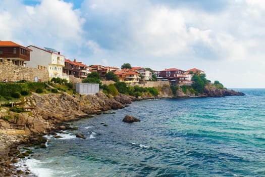 Coastline in the old town of Sozopol at Black Sea, Bulgaria. Old Town with fortress wall. Architectural and Historic Complex.