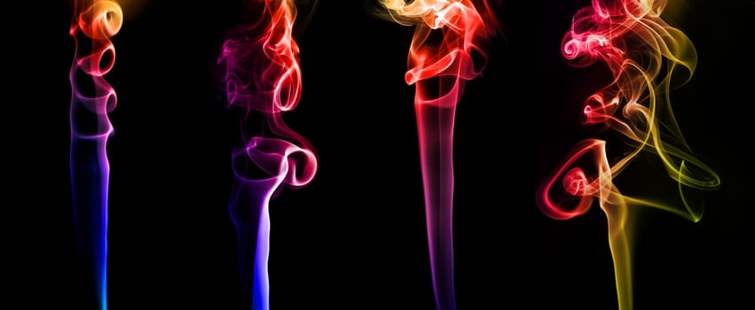 Set of abstract bright colored smoke on a dark background