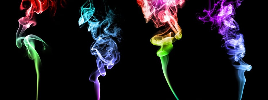 Set of abstract bright colored smoke on a dark background