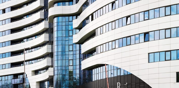 MINSK, BELARUS - MAY 03, 2016: Renaissance Minsk Hotel - this is the first hotel of the well-known international hotel chain Marriott in Belarus. Close-up of modern architecture. Panoramic shot.