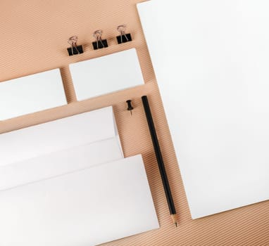 Photo of blank corporate identity set. Template for branding identity. Top view.