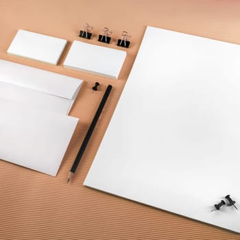 Branding identity set on bright color background. Template for branding identity. Top view.
